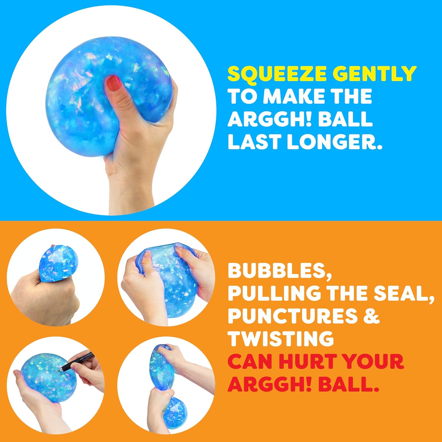 Power Your Fun Arggh Glitter Stress Ball for Adults and Kids - Medium Squishy Stress Ball Fidget Toy, Anti Stress Sensory Ball Squeeze Toy Stress Balls (Blue)